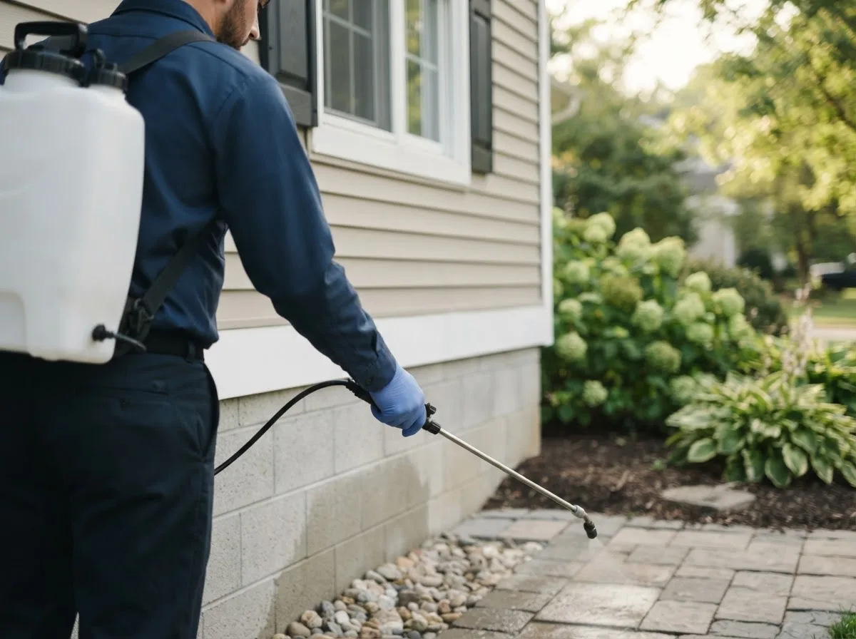 Pest control technician inspecting a home in Crum, WV